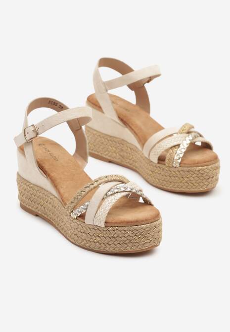 Beżowe Sandały Plecionej Platformie i Koturnie Aluie