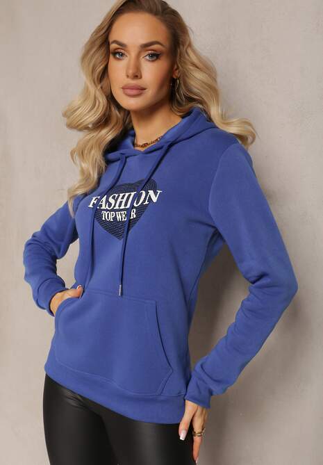 Niebieska Bluza Kangurka Ocieplona Polarem z Ozdobnym Nadrukiem Elili