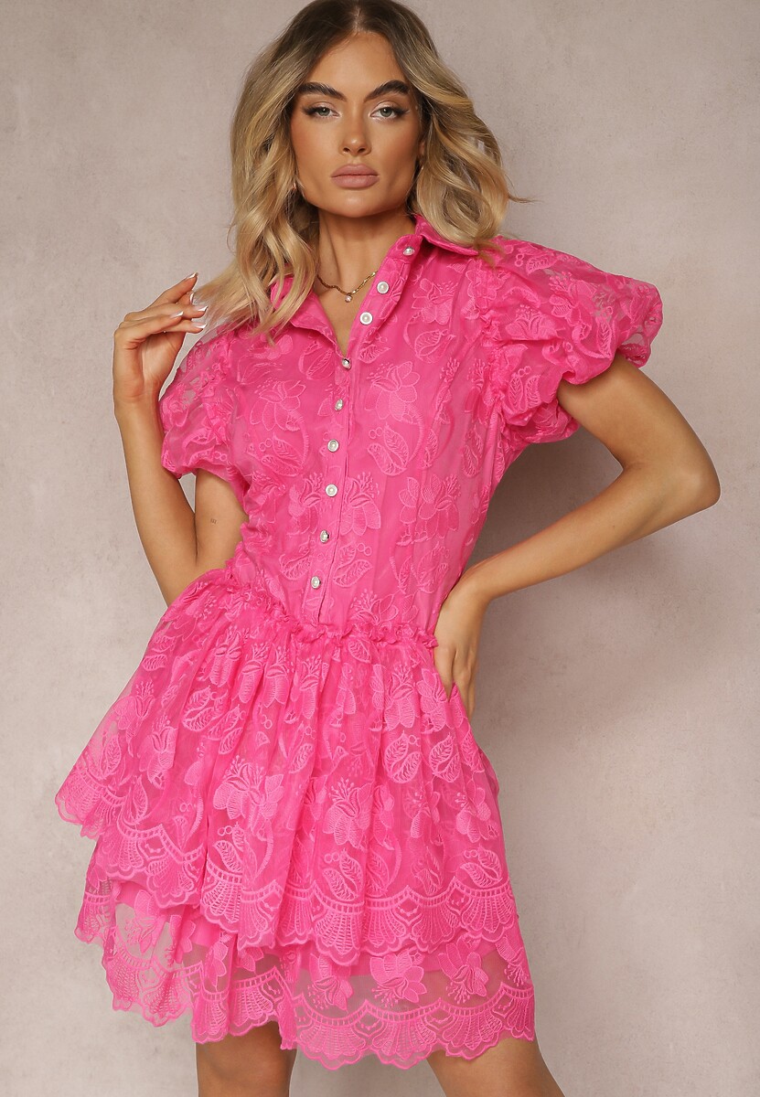 Czarna Sukienka Mini z Bufiastymi Rękawami i Guzikami Ozdobiona Kwiatową Koronką Eia