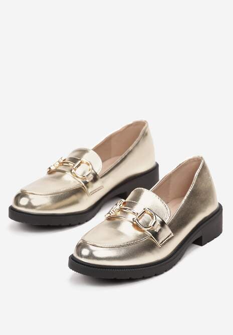 Złote Mokasyny z Dekoracyjną Klamerką i Płaskim Obcasem Tanalah