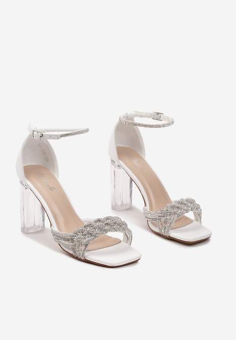 Białe Sandały z Ekoskóry na Transparentnym Słupku Zdobione Cyrkoniami ze Sprzączką Lotesa