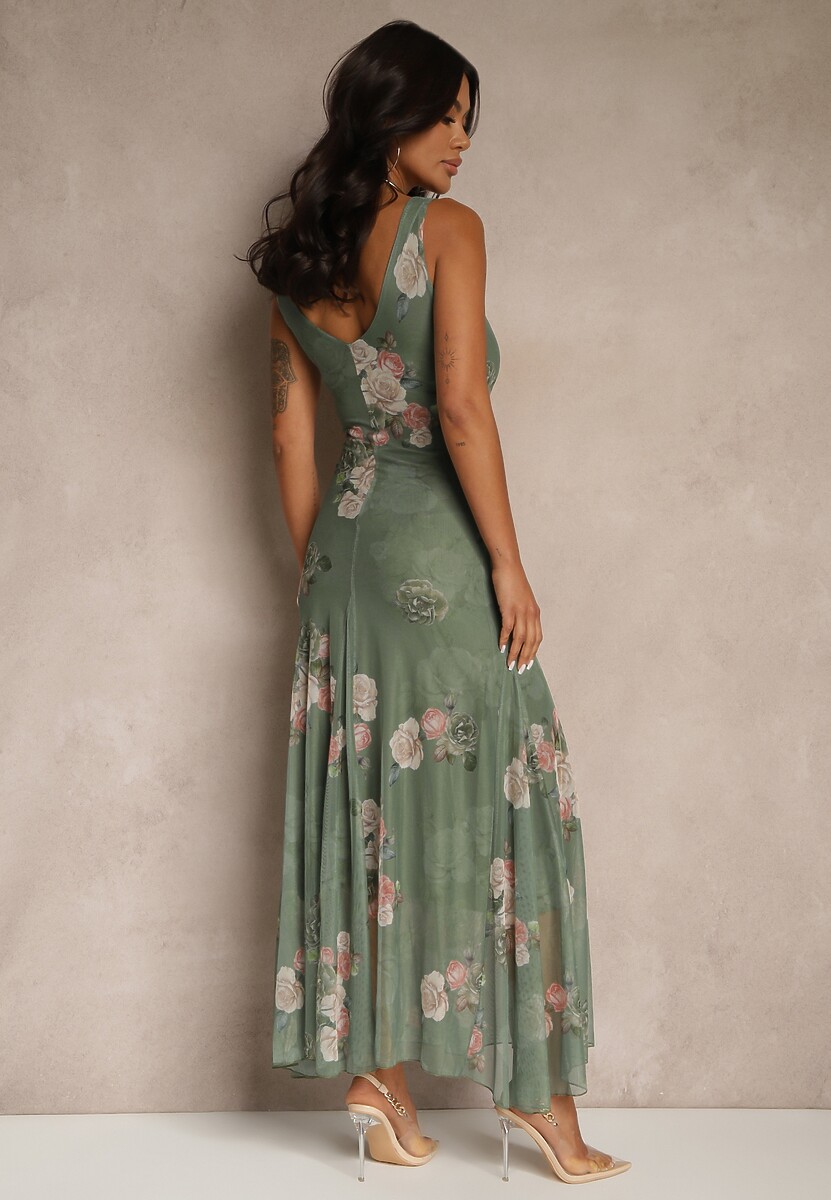 Ciemnozielona Sukienka Siateczkowa w Kwiaty Milosea