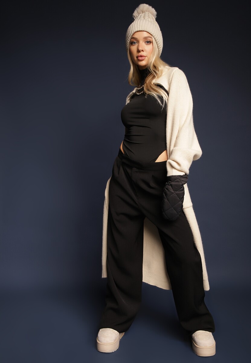 Jasnobeżowy Długi Kardigan o Prostym Kroju ze Stójką z Domieszką Wełny i Zapięciem na Suwak Bonitana