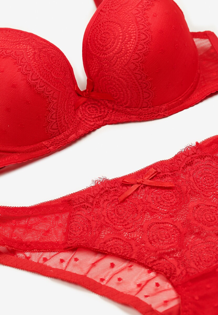 Czerwony Komplet z Koronką Figi i Usztywniany Biustonosz z Kokardami Iridorea