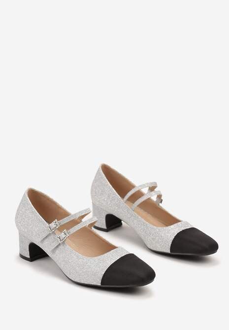 Srebrne Brokatowe Czółenka na Słupku z Paskami i Sprzączkami Navsia