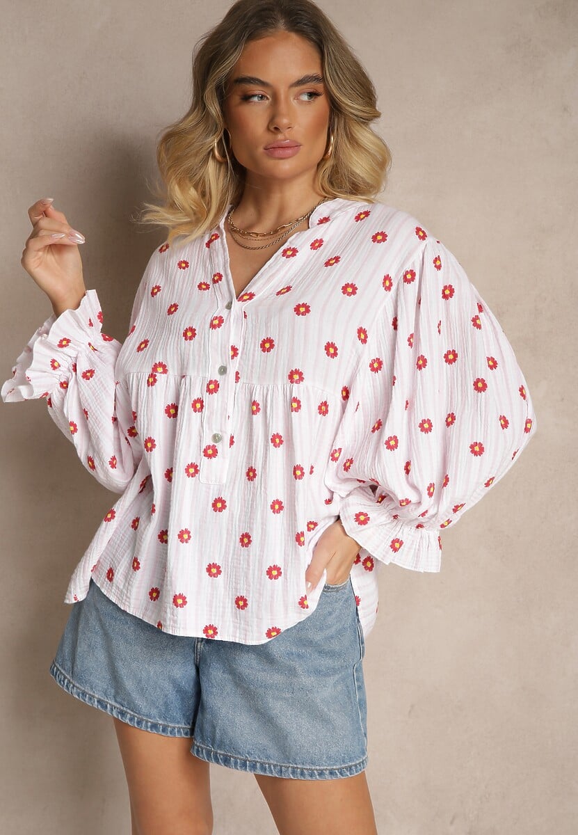 Żółta Koszula z Bawełny z Dekoltem w Serek Zdobiona Kwiatowym Wzorem Mailisse