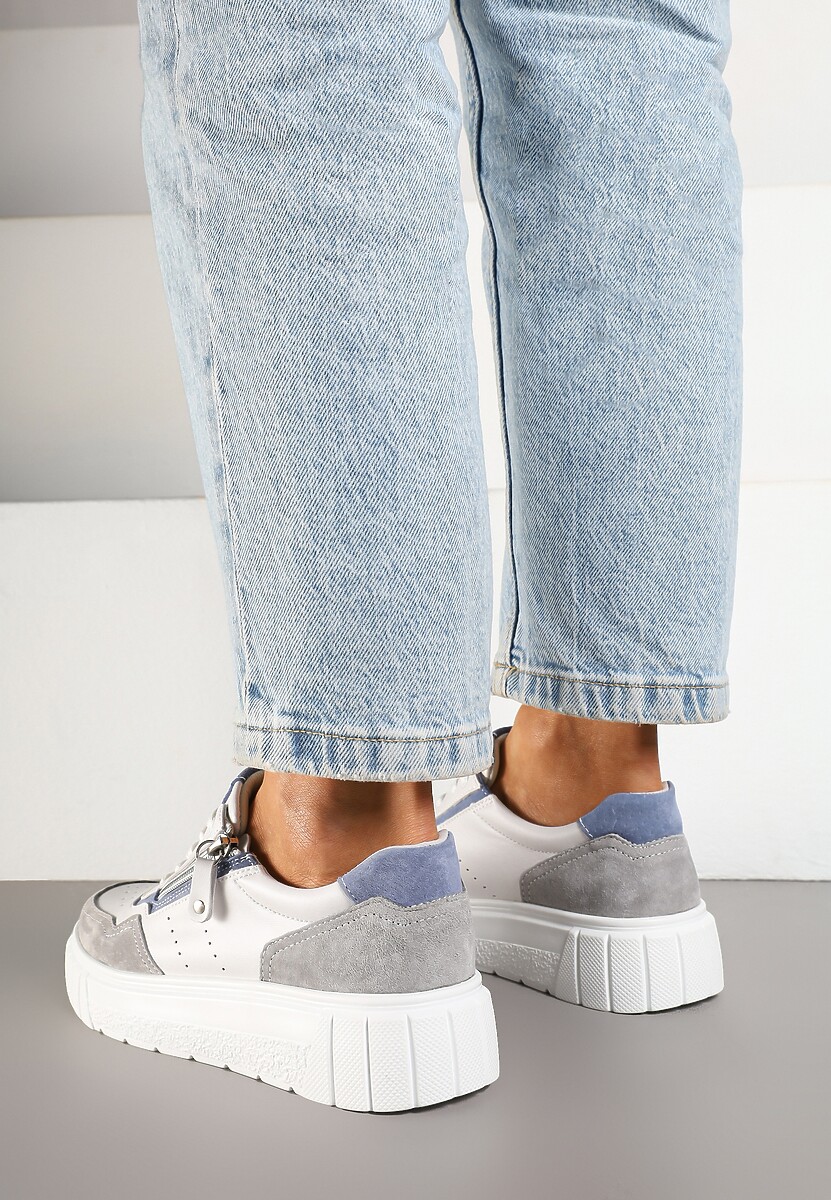 Biało-Szare Streetwearowe Sneakersy ze Skóry Naturalnej z Ozdobnym Suwakiem Eleavenna