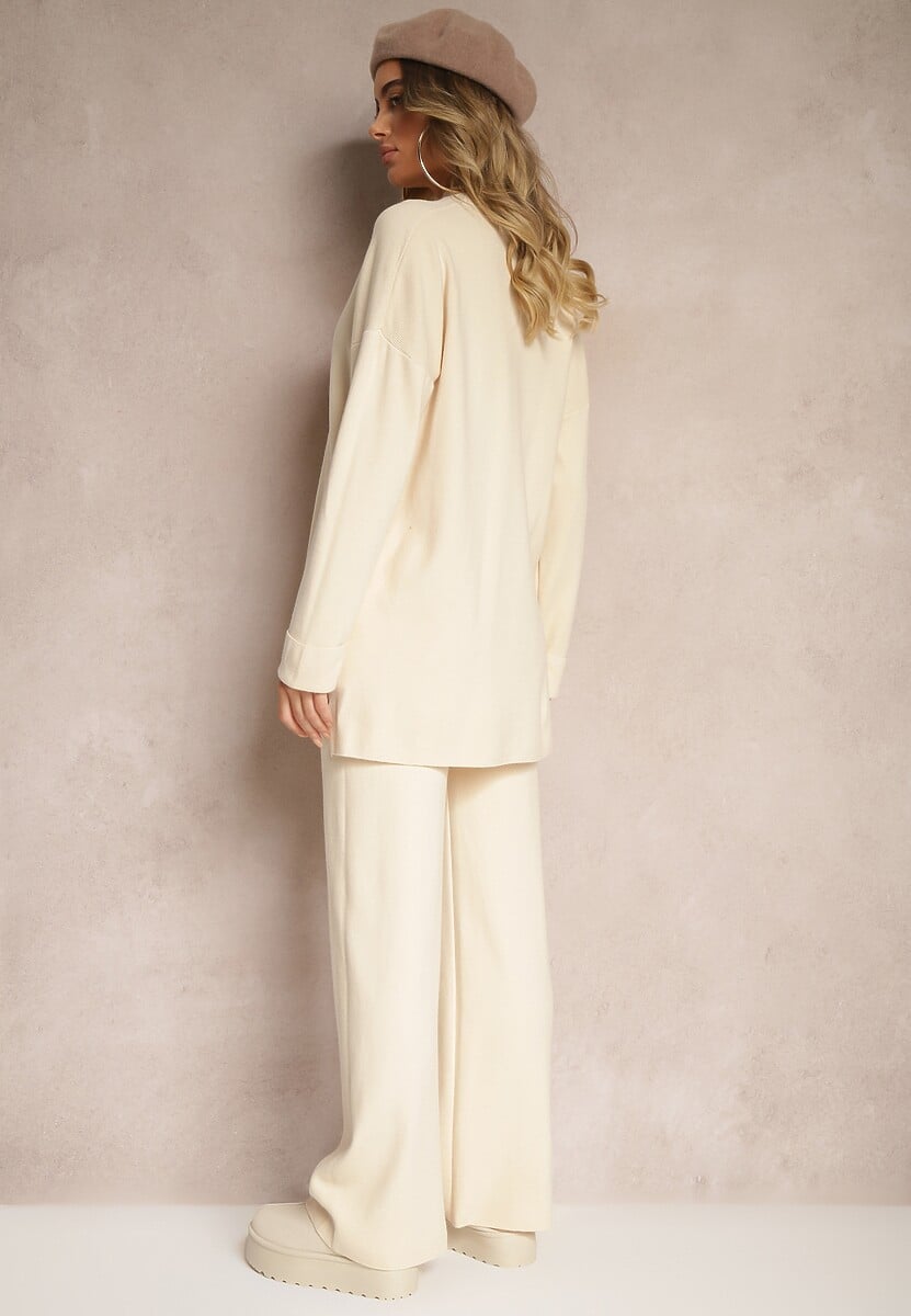 Beżowy Komplet 2-częściowy z Dzianiny z Wiskozą Sweter z Półgolfem i Spodnie z Gumką Firiala