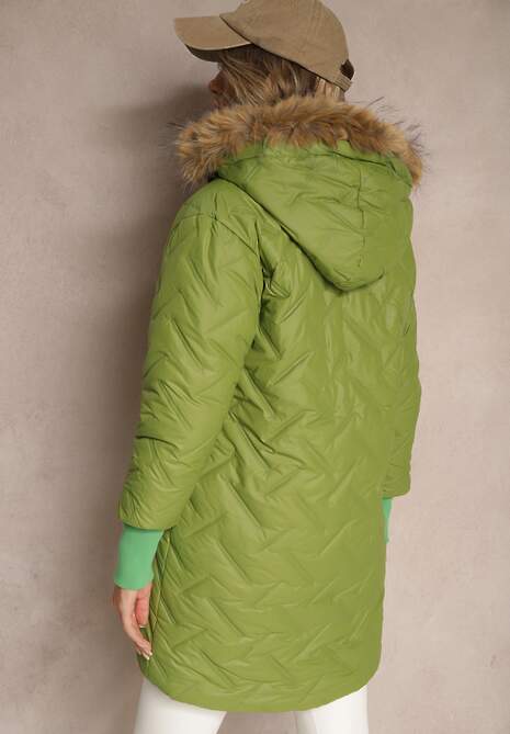 Zielona Kurtka z Pikowanym Wzorem Ściągaczami Odpinanym Futerkiem i Kapturem Ellithri