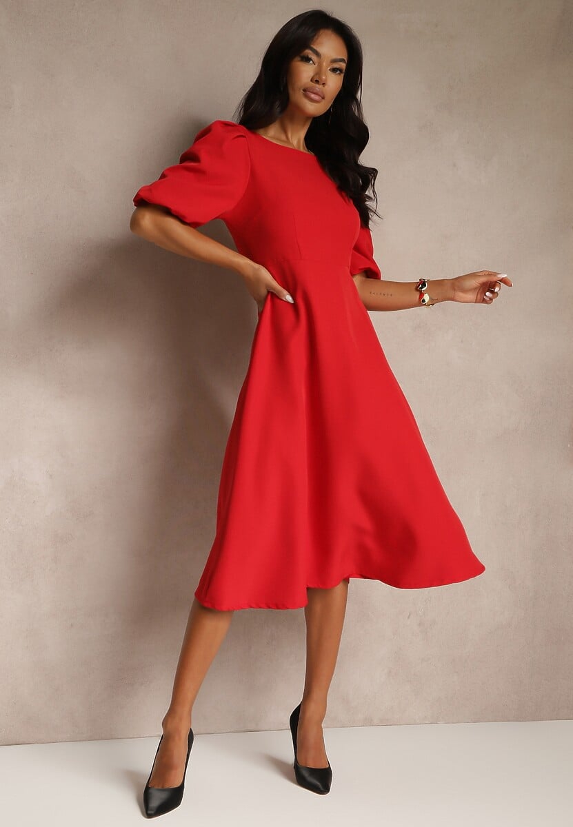 Czerwona Rozkloszowana  Sukienka Ozdobiona Bufiastymi Rękawami Melianis