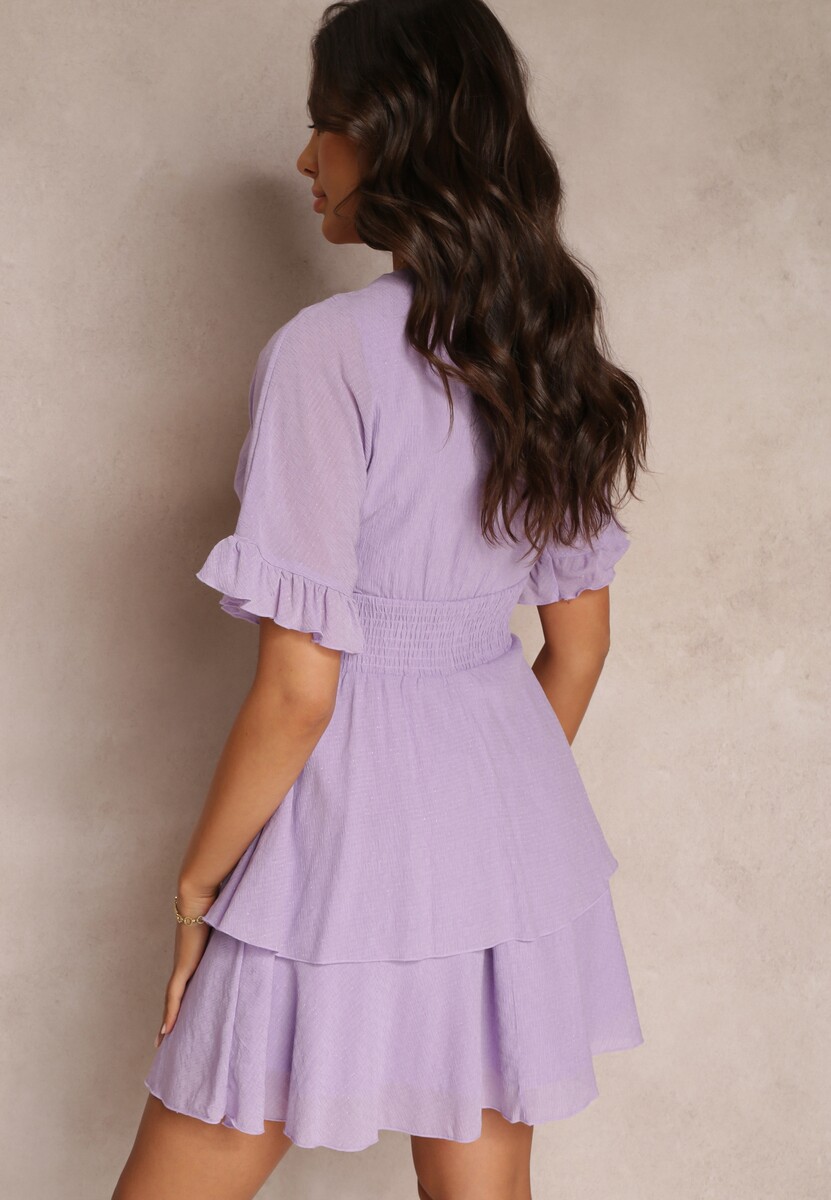 Fioletowa Zwiewna Sukienka Mini z Falbankami i Szeroką Gumką w Talii Olleanne