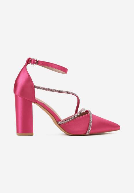 Fuksjowe Satynowe Czółenka na Słupku z Cyrkoniami na Cienkich Paseczkach Onstralia