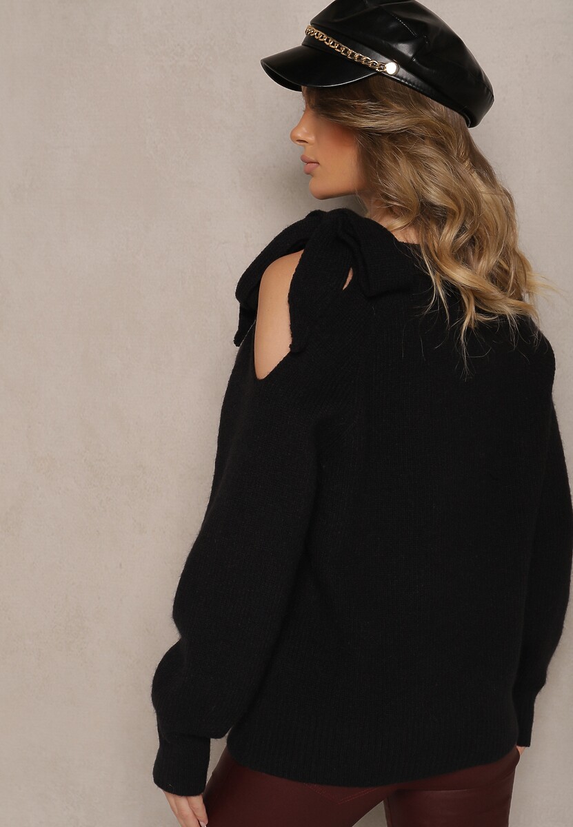 Czarny Sweter z Ozdobnym Wiązaniem i Wycięciem na Ramieniu Eledi