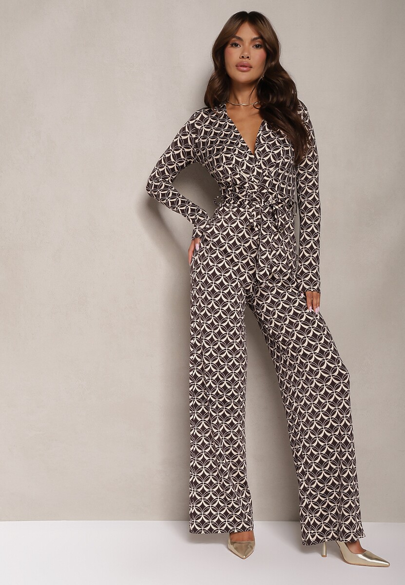 Brązowy Kombinezon z Mozaikowym Wzorem z Dekoltem w Serek i Paskiem Inafil