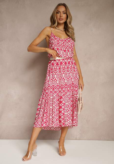 Różowa Bawełniana Sukienka w Geometryczny Wzór Koloniela