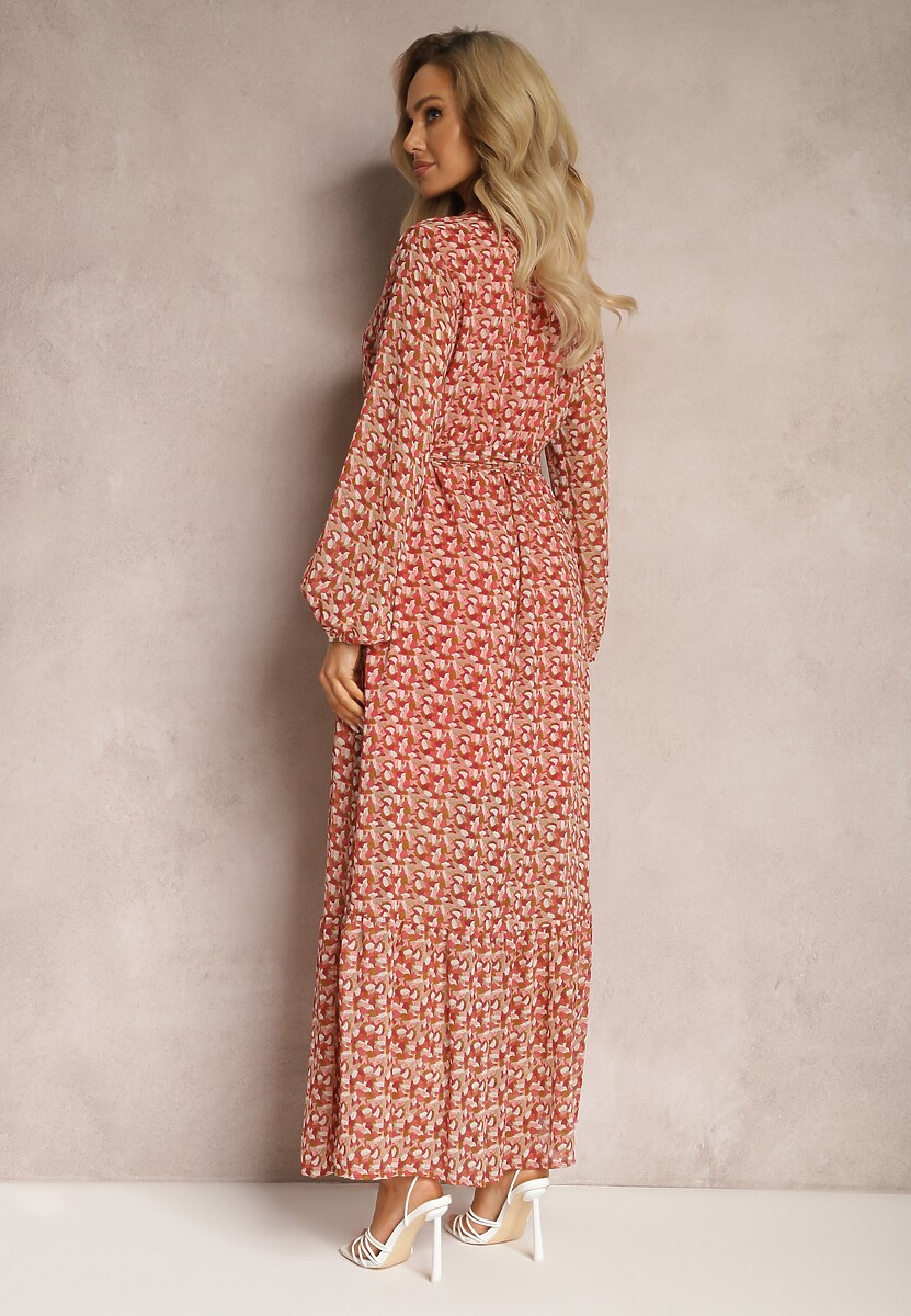 Czerwono-Różowa Sukienka Kopertowa z Falbanką i Wiązanym Paskiem Gjerana