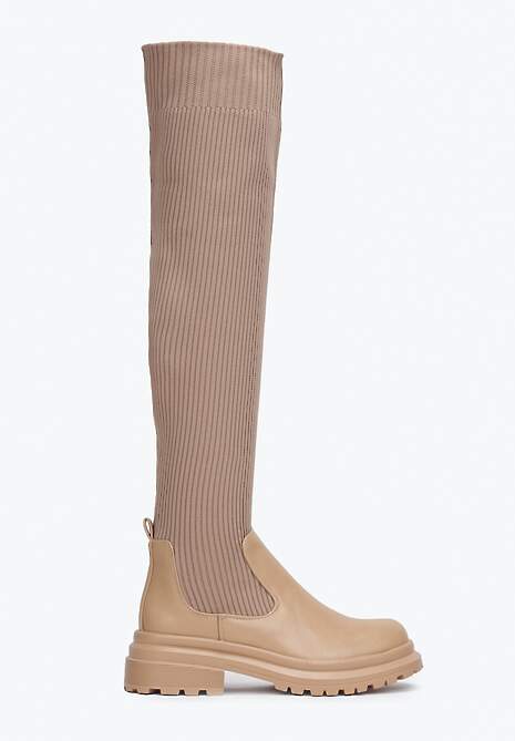 Beżowe Kozaki z Elastyczną Prążkowaną Cholewką za Kolano Goisee