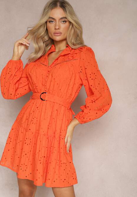Pomarańczowa Bawełniana Sukienka o Rozkloszowanym Fasonie z Ozdobnym Haftowaniem Bealiosa