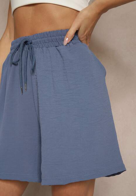 Granatowe Szorty z Wiskozą High Waist Puvione