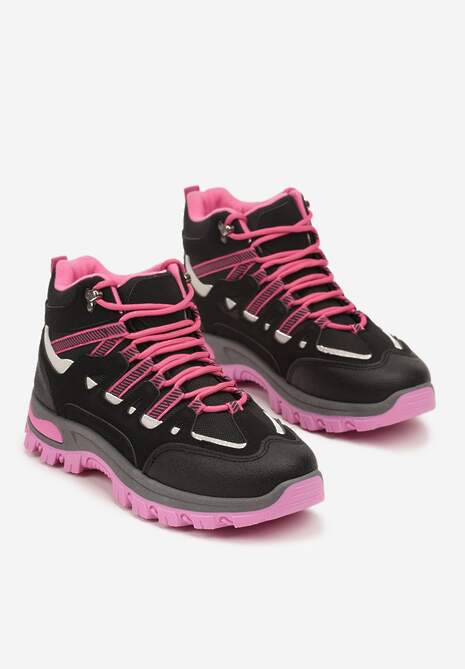 Czarno-Fuksjowe Buty Trekkingowe Traperki Vices ze Sznurowaną Cholewką Afellie