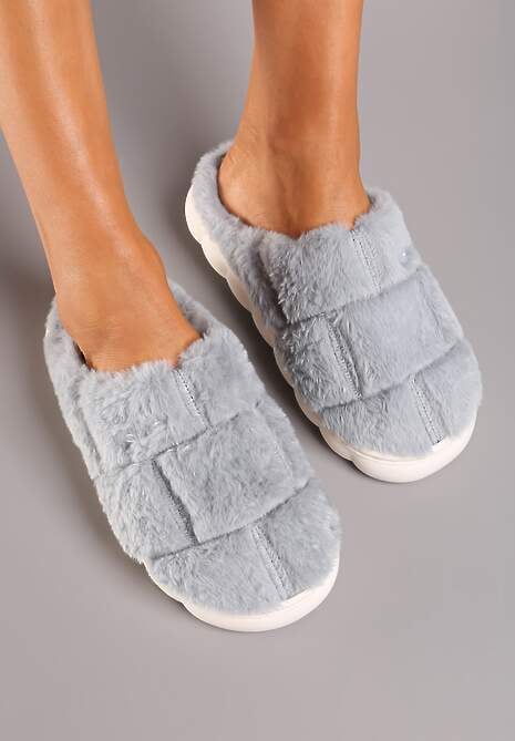 Szare Płaskie Futrzane Kapcie z Geometrycznym Wzorem Naoritha