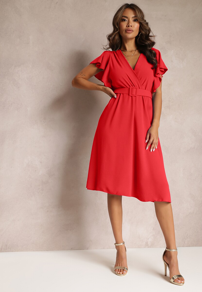 Czerwona Rozkloszowana Sukienka z Paskiem i Kopertowym Dekoltem Brinea