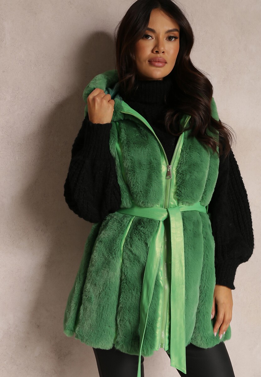 Zielona Kamizelka Futrzana z Wstawkami z Ekoskóry i Kapturem Lemize