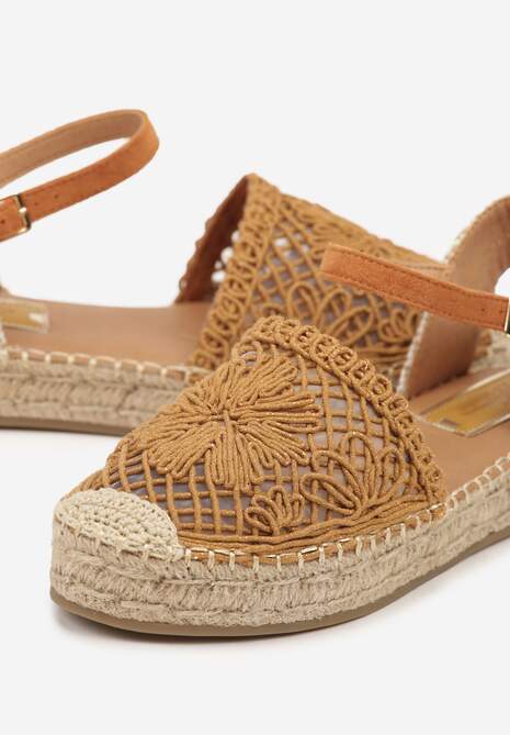 Brązowe Ażurowe Sandały Espadryle Ozdobione Plecionką Ralarelle