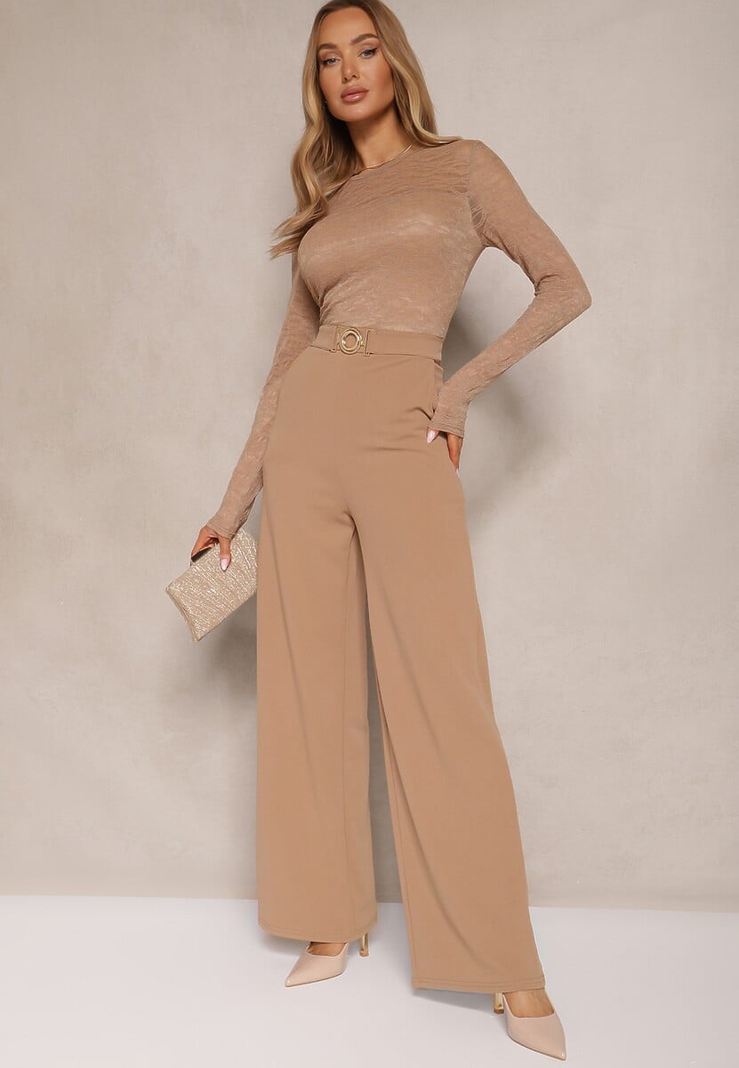 Beżowy Kombinezon z Koronki z Wiskozą z Wszytym Paskiem z Aplikacją Ninadira