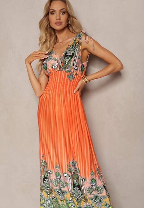 Pomarańczowa Rozkloszowana Sukienka z Trójkątnym Dekoltem i Ściągaczami w Ramionach Aneapmia