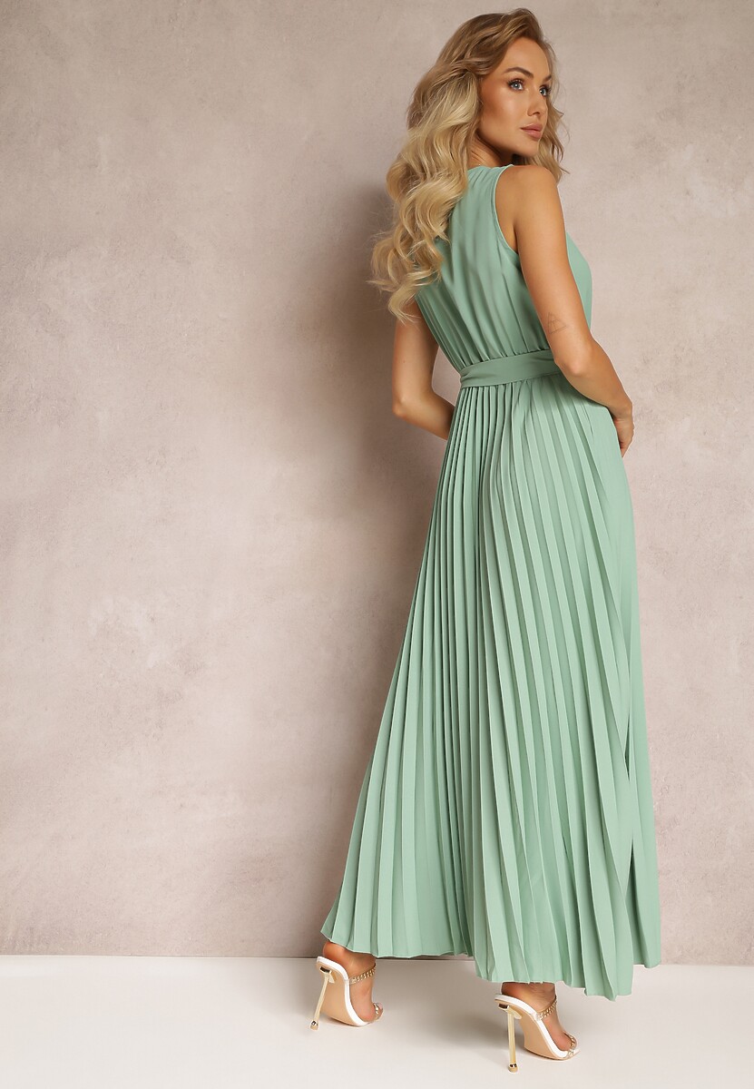 Zielona Rozkloszowana Sukienka Maxi z Plisowanym Dołem i Gumką w Talii Sare