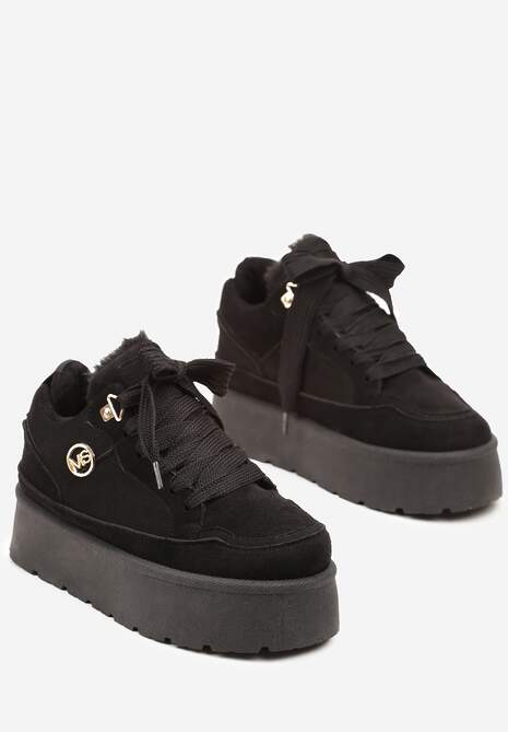 Czarne Sneakersy z Ekozamszu na Grubej Podeszwie Wyściełane Futerkiem Senavel