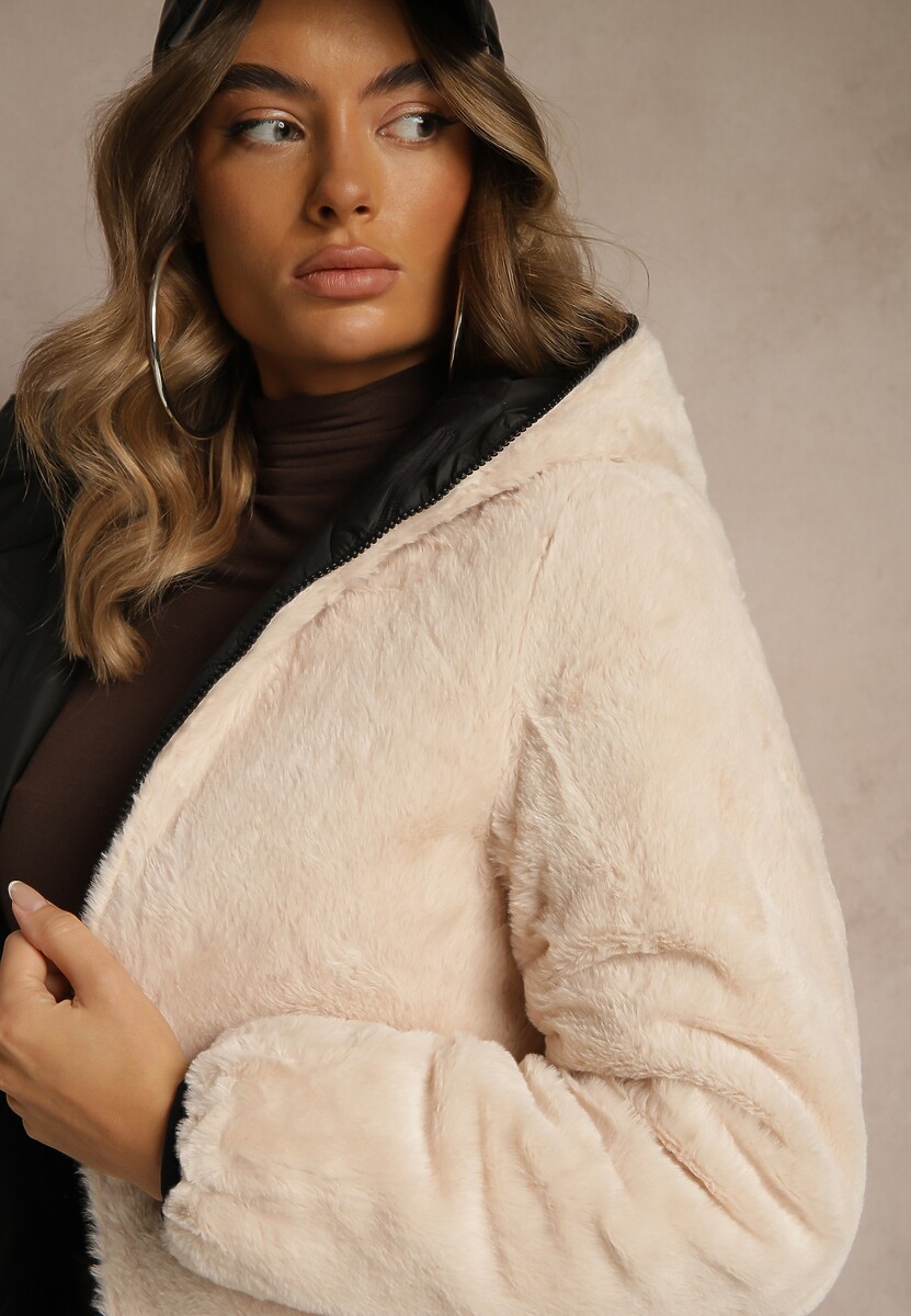 Czarno-Beżowa Dwustronna Kurtka z Pikowanymi Przeszyciami i Kapturem Tianessa