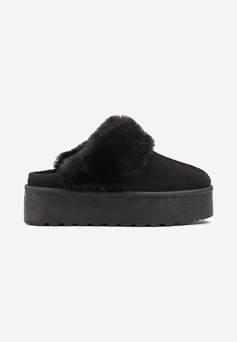 Czarne Kapcie na Grubej Podeszwie z Ozdobnym Futerkiem Sunessa