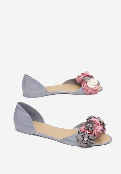 Szare Balerinki Meliski Peep Toe z Kwiatową Aplikacją Idalina
