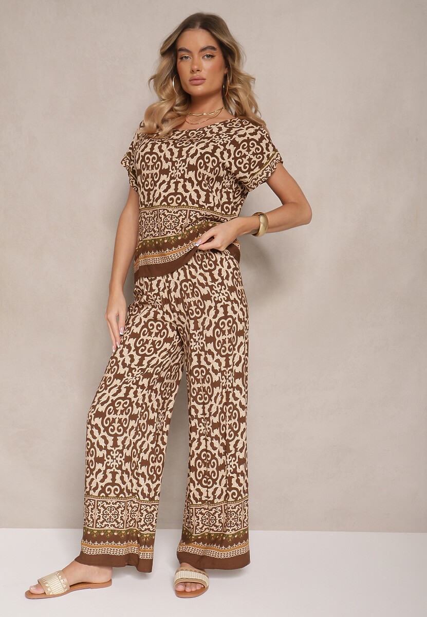 Ciemnobrązowy Komplet Spodnie i Bluzka z Bawełny w Ornamentalny Print Nanitria