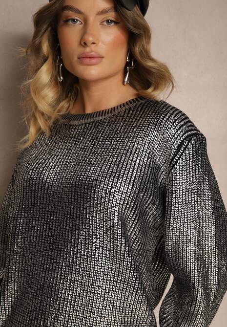 Czarno-Srebrny Sweter Ozdobiony Metaliczną Nicią i Falbanką Nevathora