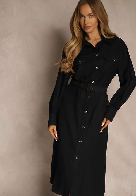 Czarna Koszulowa Sukienka z Wiskozy z Paskiem z Klamrą i Kieszeniami Lisandrila