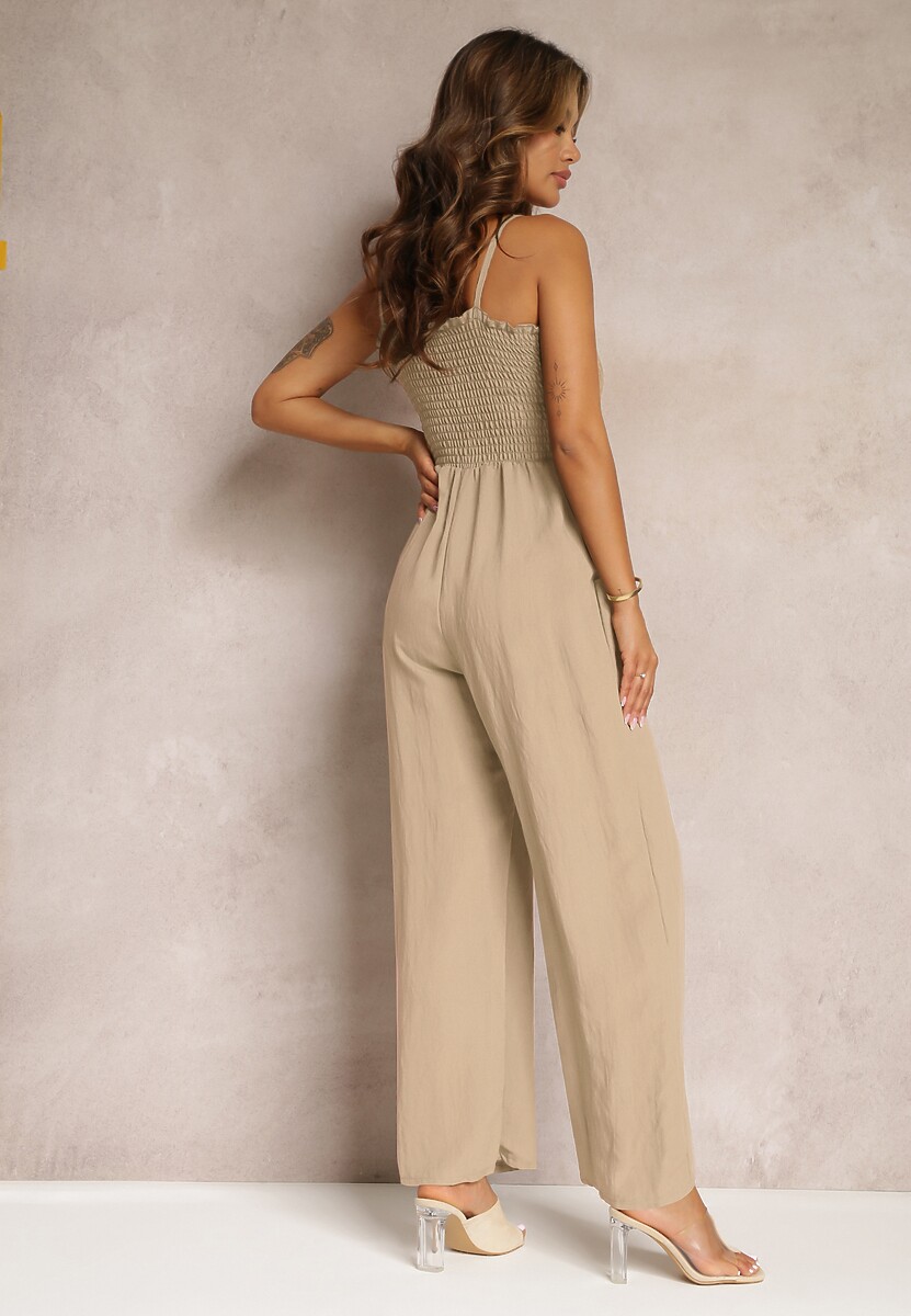 Ciemnobeżowy Długi Kombinezon na Ramiączkach z Szerokimi Nogawkami z Wiskozy Feallisa