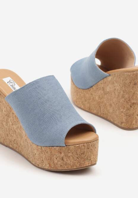 Niebieskie Klapki w Stylu Drewniaków na Koturnie Jordiva