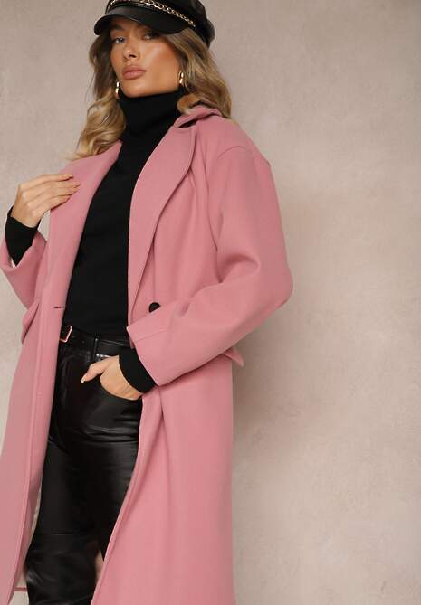 Ciemnoróżowy Płaszcz Dwurzędowy Długi Tadde