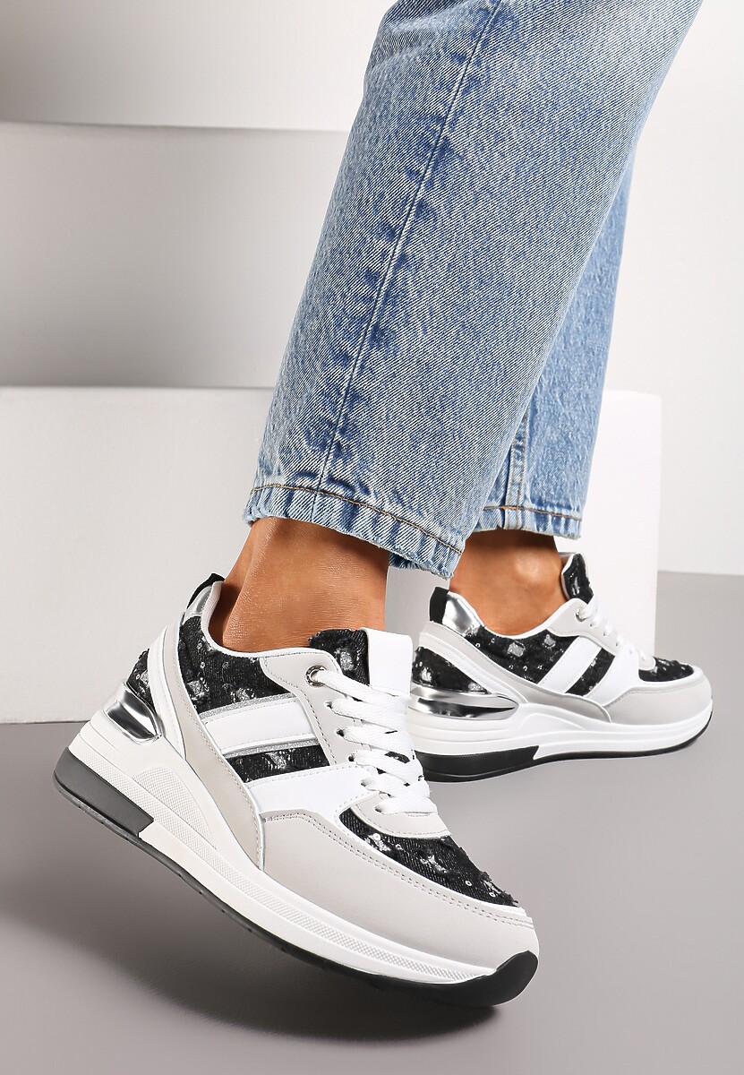 Niebieskie Sneakersy z Cekinami i Brokatem na Grubej Podeszwie Mabirra