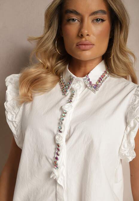 Biała Koszula z Bawełny z Cyrkoniami i Falbankami Ranelis