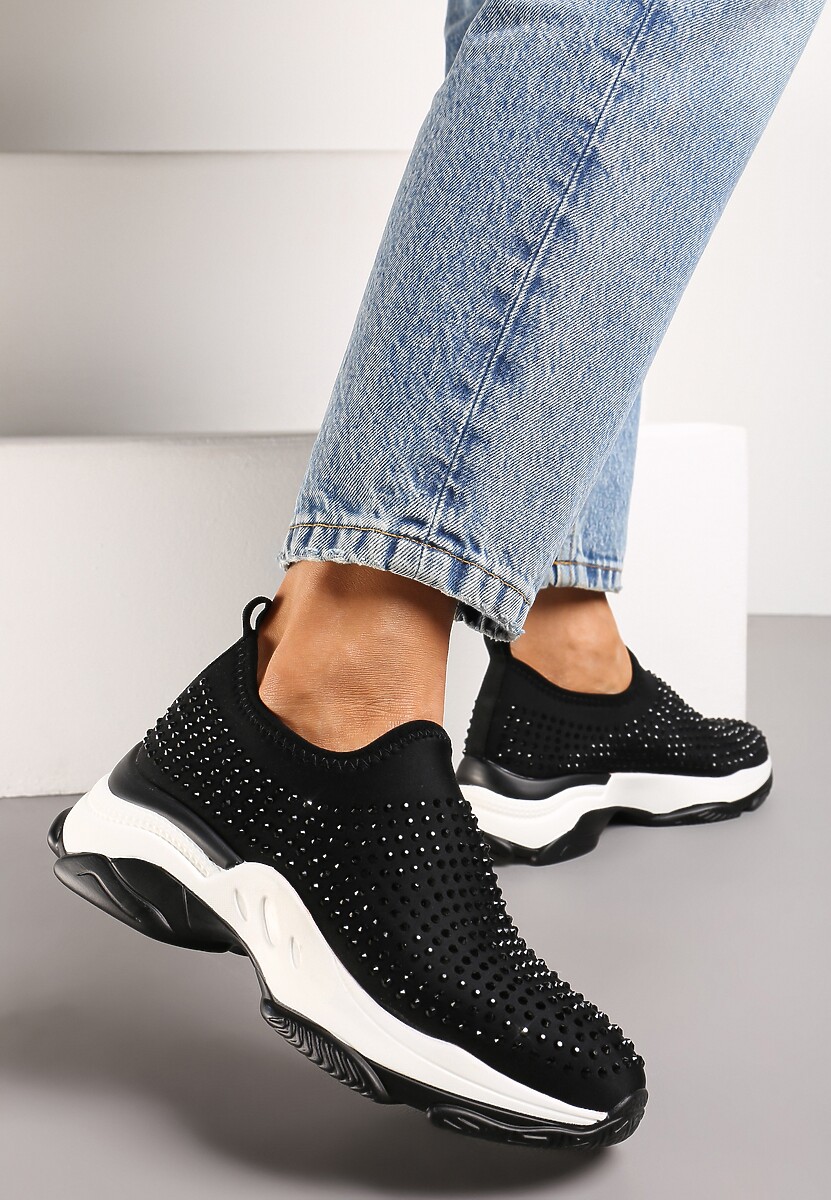 Czarne Buty Sportowe na Grubej Podeszwie w Cyrkonie Elerene