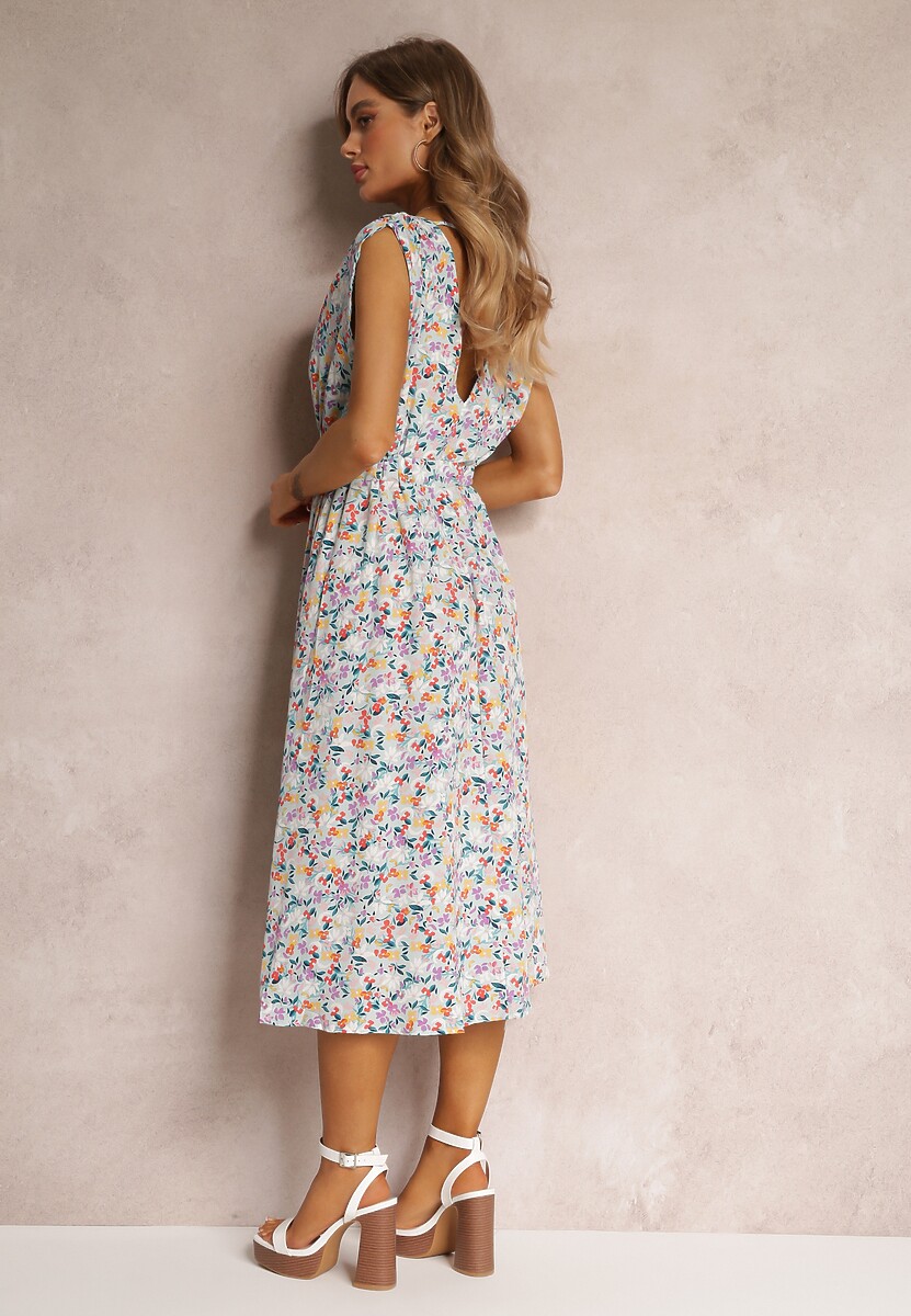 Niebieska Kwiecista Sukienka Midi bez Rękawów z Gumką w Talii Thallu