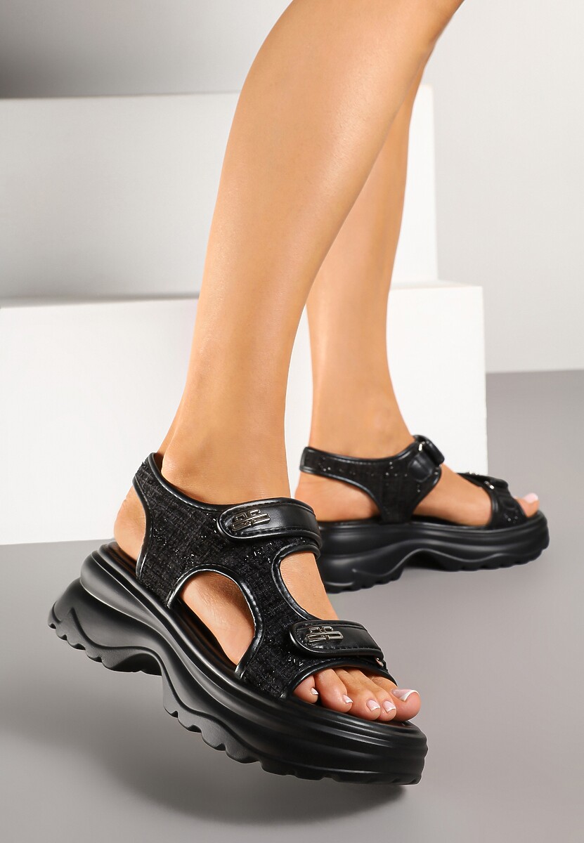 Czarne Sportowe Sandały z Zapięciem na Rzep i Piankową Podeszwą z Tłoczeniami Nimivelle