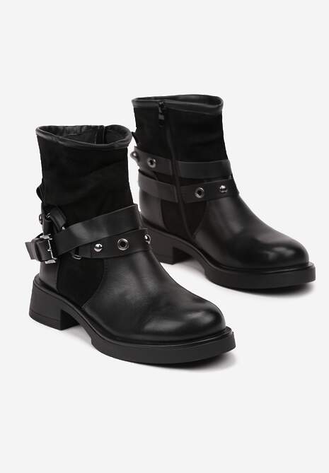 Czarne Marszczone Botki z Ozdobnymi Paskami z Klamrami Cyredi