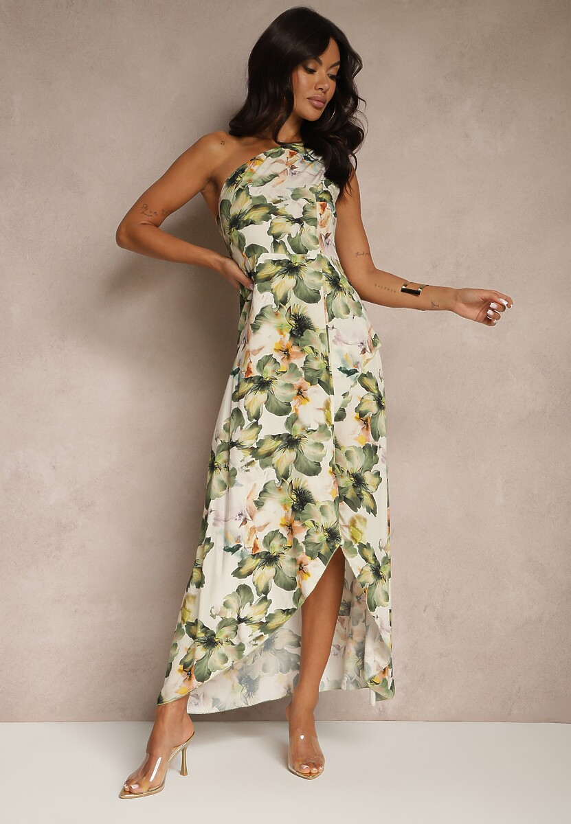 Ciemnozielona Asymetryczna Sukienka z Wiskozy w Kwiaty Linive