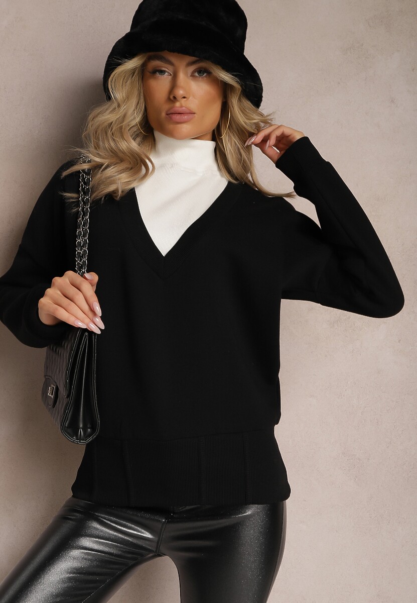 Czarna Bawełniana Bluza z Trójkątnym Dekoltem Hydralia