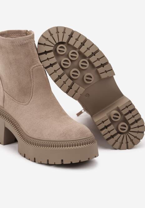 Ciemnobeżowe Botki Sztyblety na Słupku z Dopasowaną Cholewką Hesliara